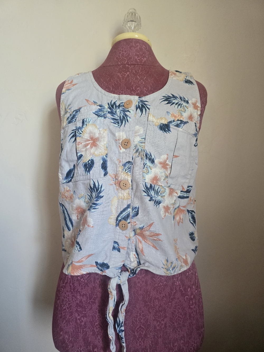 Vanilla Star Linen Blend Tie Front Button Down Sleeveless Shirt Sz Large Floral